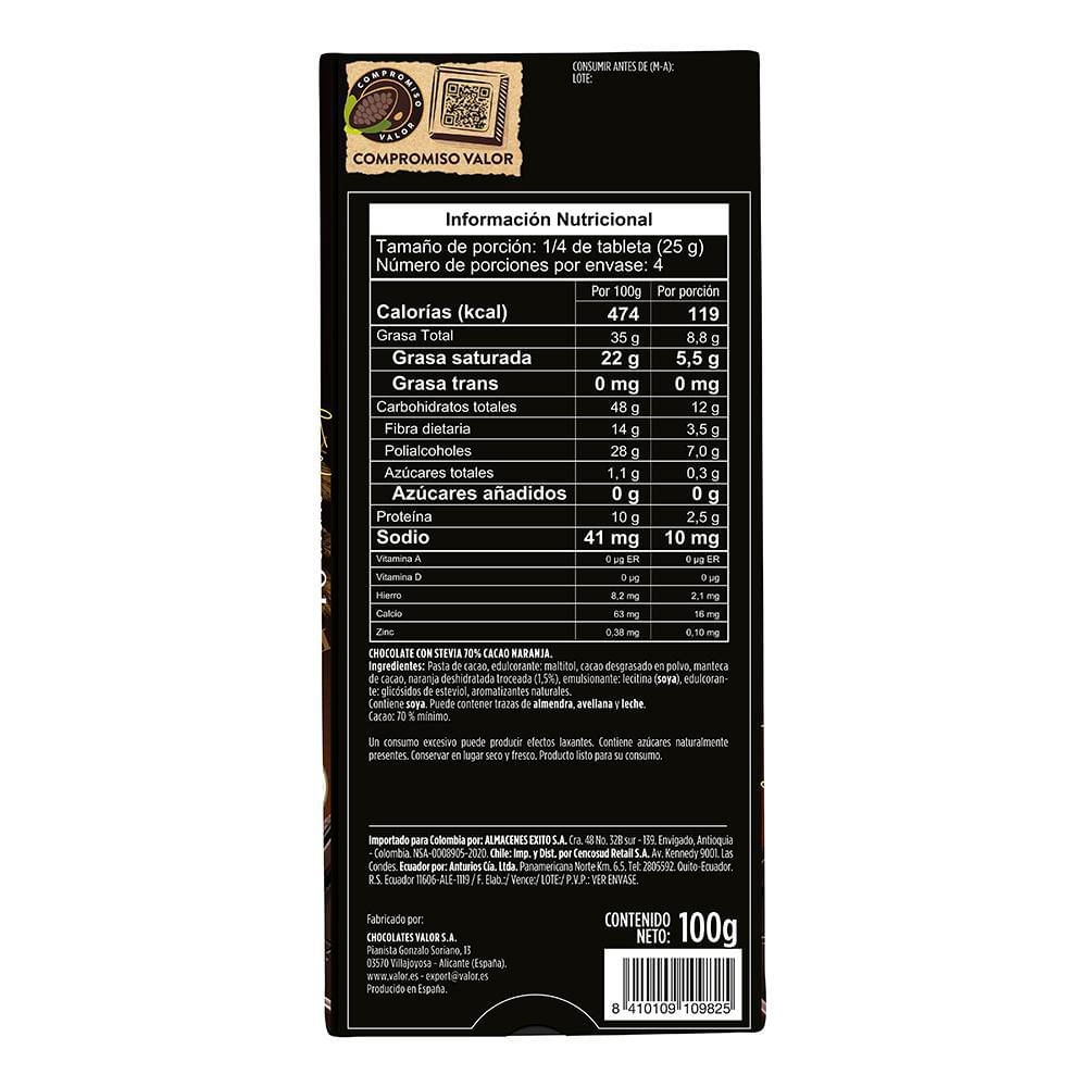 Barra de chocolate VALOR MARCA EXCLUSIVA cacao 70% cacao sabor naranja (100  gr) img #2