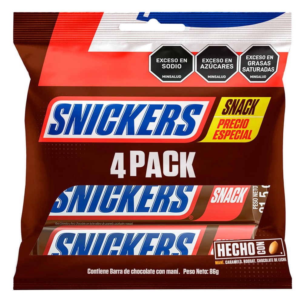 Barra de chocolate SNICKERS con maní 4 pack (86  gr)