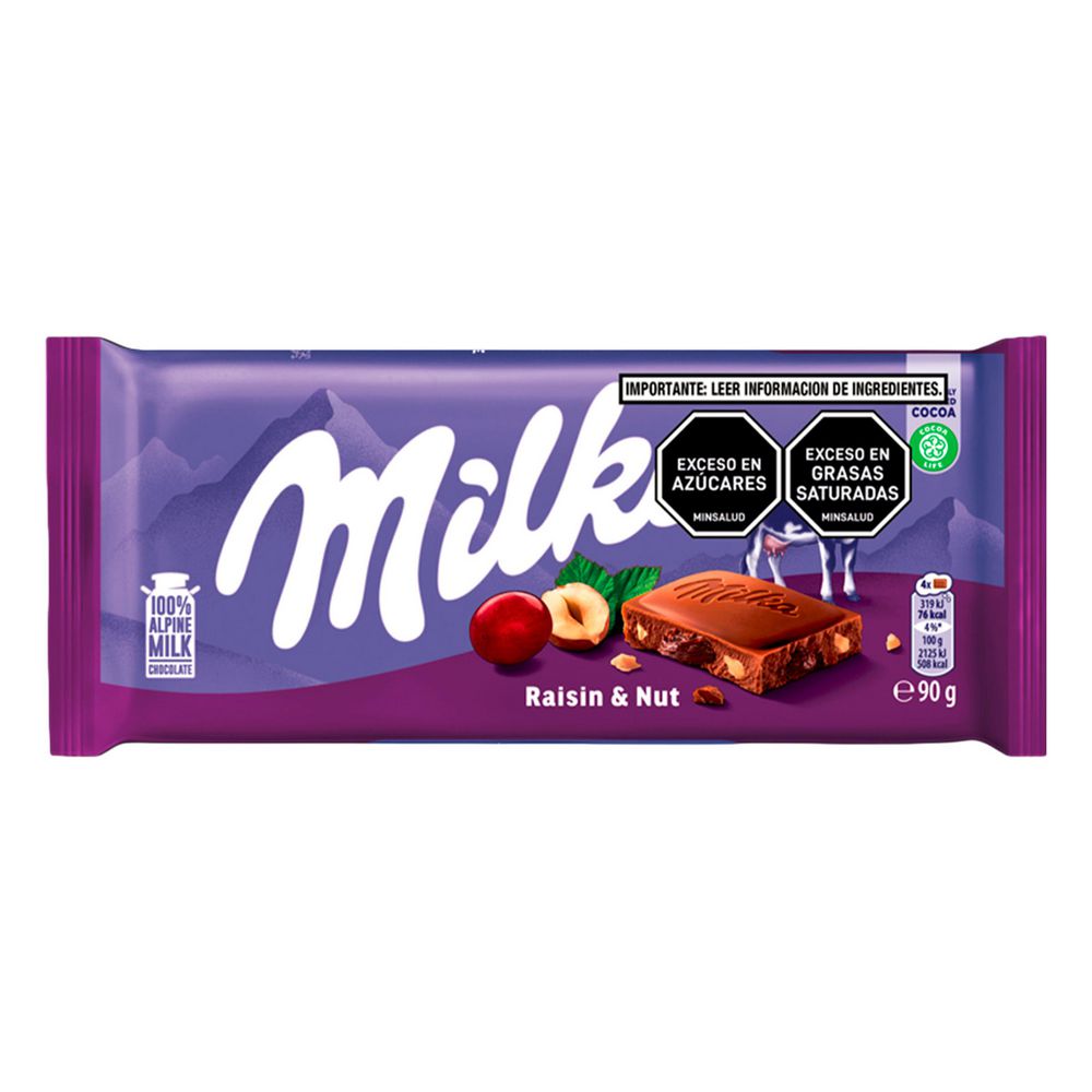 Barra de chocolate MILKA leche, nuez y pasas (90  gr)