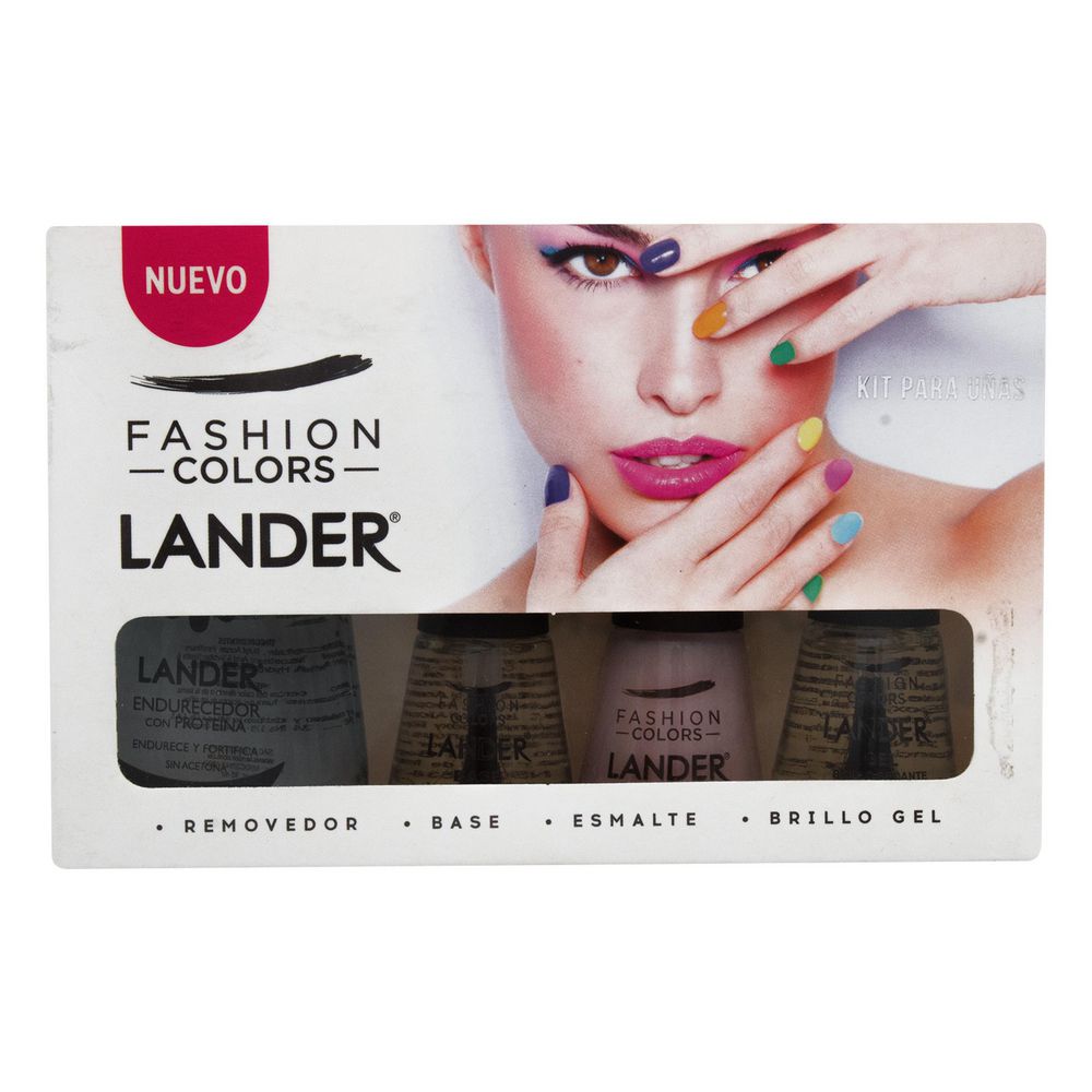 Kit para uñas LANDER removedor, base, esmalte y brillo (1  und)
