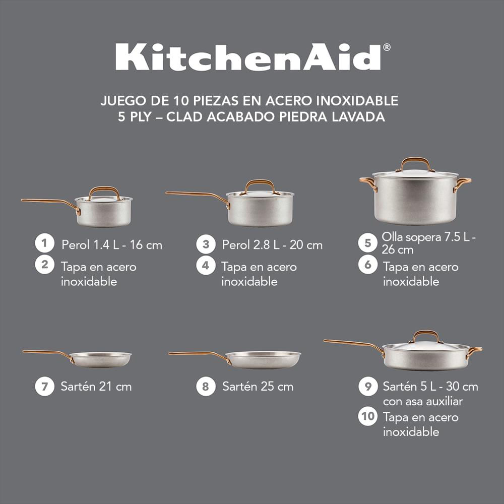 Batería De Cocina 10 Pzs, Acero Inoxidable 5 Capas. Stonewash. Kitchenaid img #4