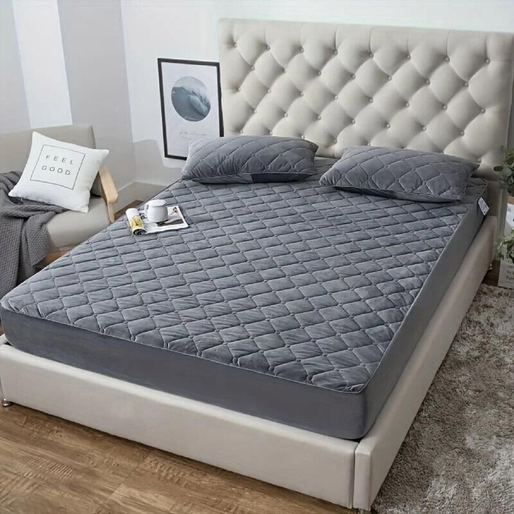 Protector De Colchón Gris Sencillo Afelpado Térmico Con 2 Fundas Suaves img #2