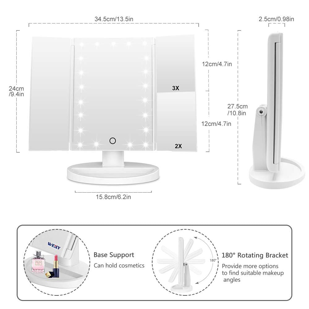 Espejo De Maquillaje Led De Triple Pliegue Con Aumento De 2X Blanco img #2