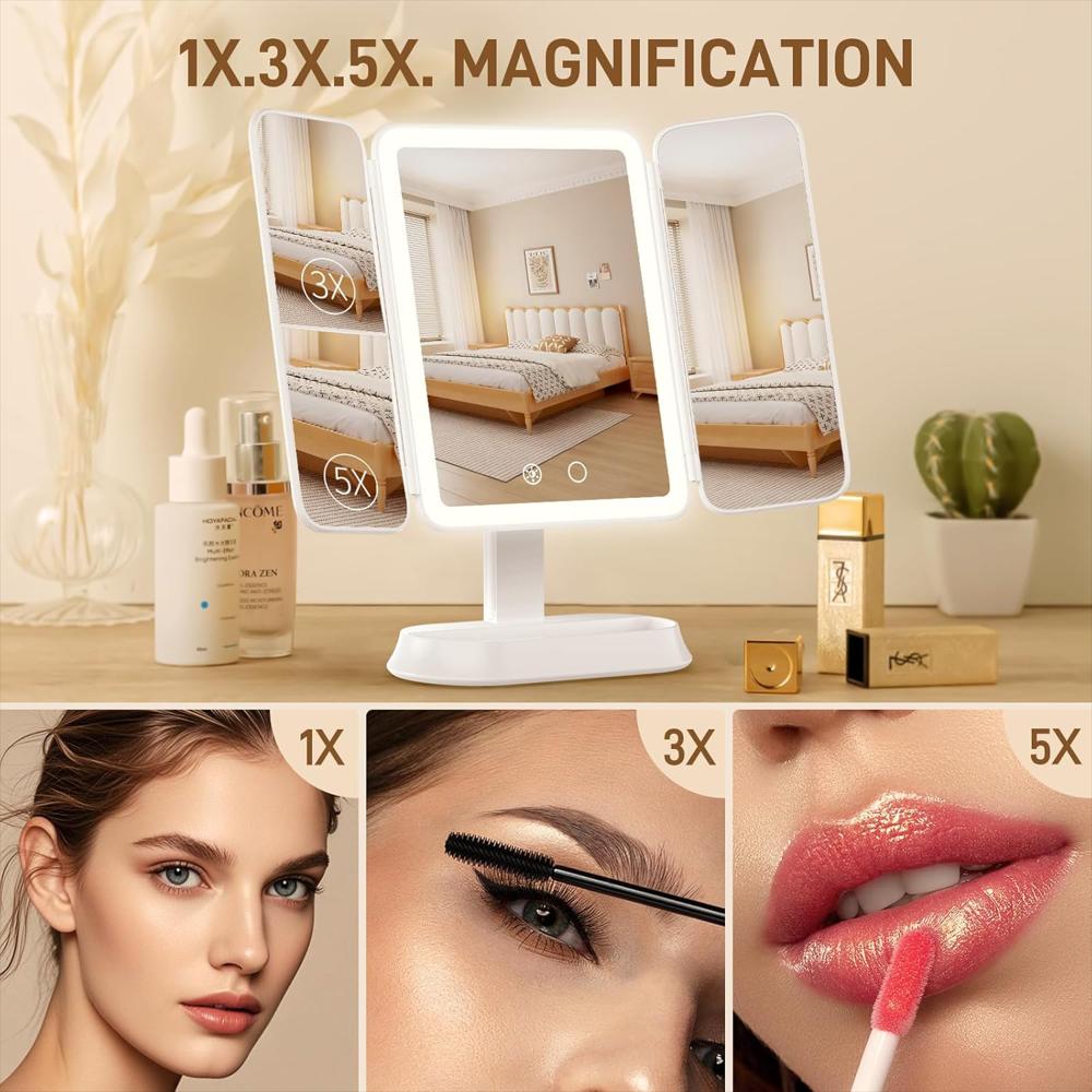 Espejo De Maquillaje Led De Triple Pliegue Con Aumento De 2X Blanco img #4