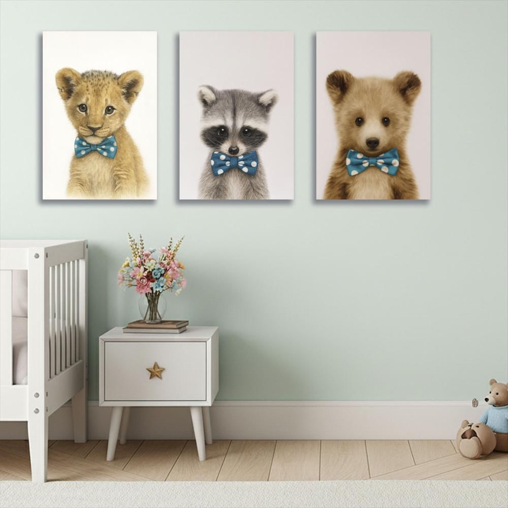 Lienzo Tríptico Infantil Animales Tiernos Set X 3 De 50X34cm C/U img #2