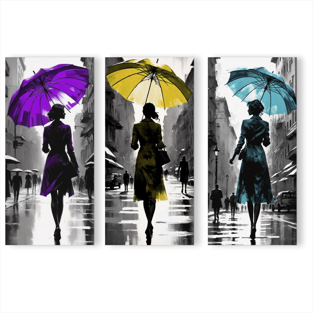 Lienzo Tríptico Tricolor Paseo Bajo La Lluvia 34X72cm C/U img #1