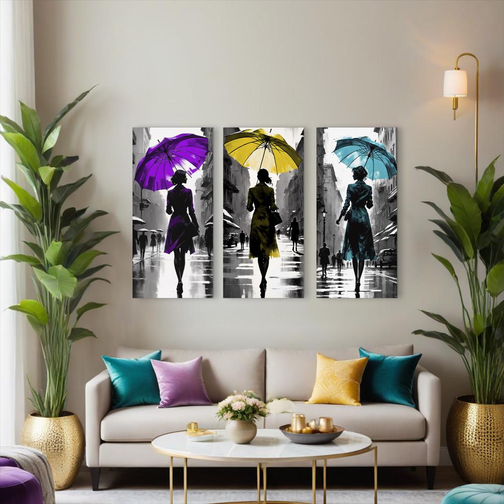 Lienzo Tríptico Tricolor Paseo Bajo La Lluvia 34X72cm C/U img #2