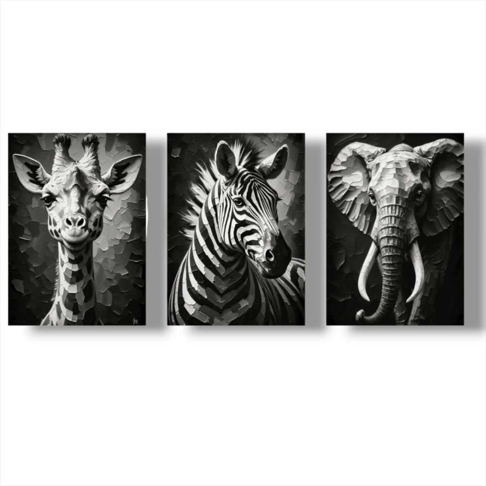 Lienzo Tríptico Safari En Blanco Y Negro Set X3 60X43cm C/U img #1