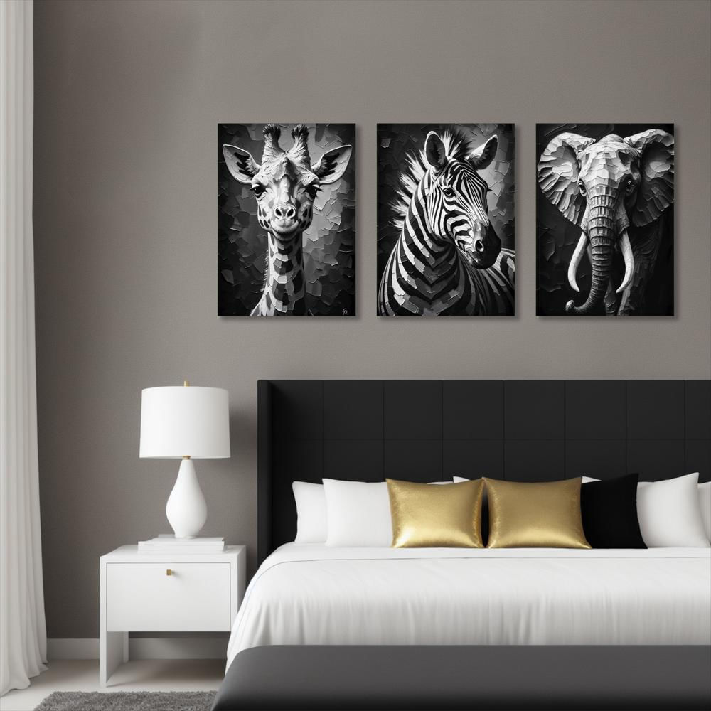 Lienzo Tríptico Safari En Blanco Y Negro Set X3 60X43cm C/U img #2