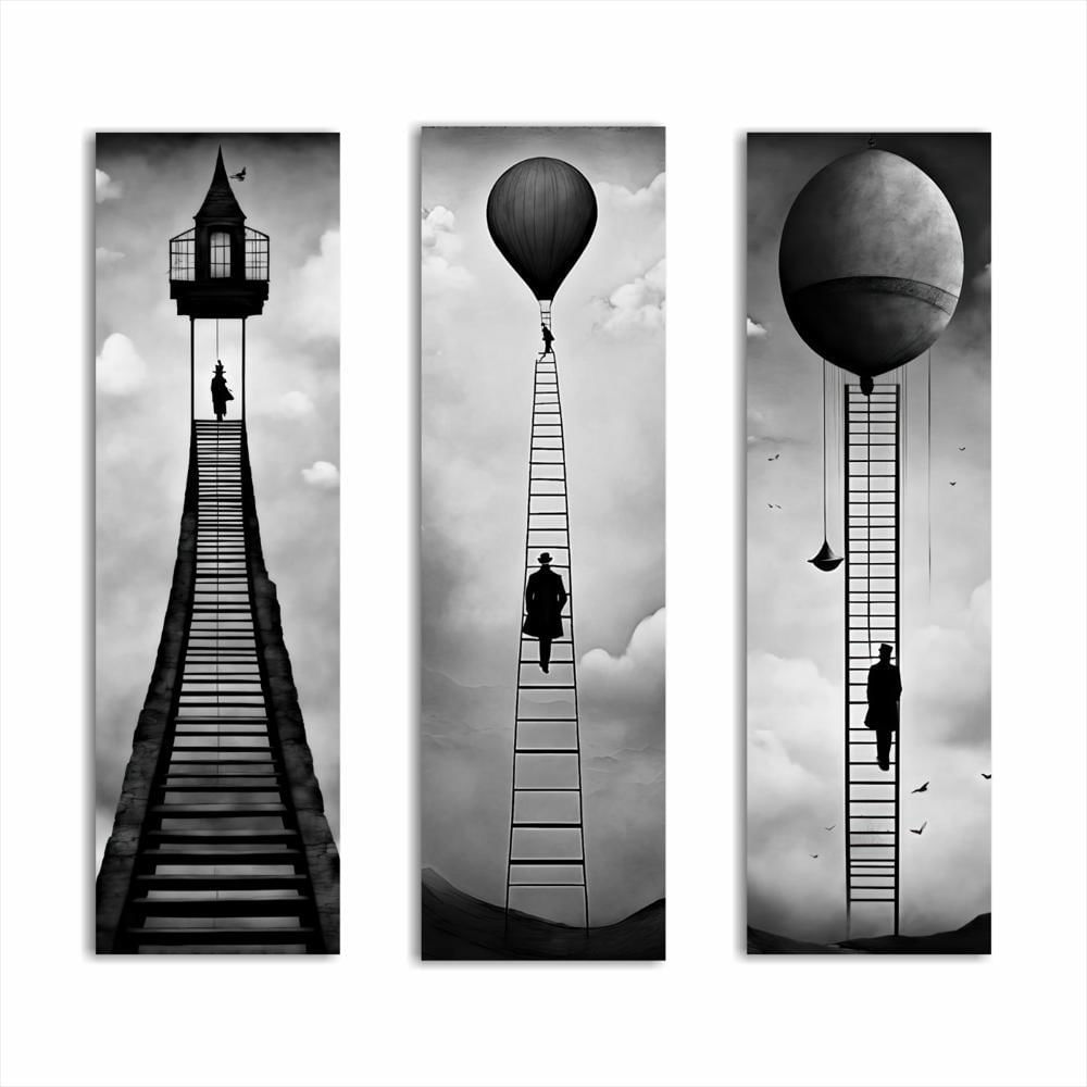 Lienzos Tríptico Arte Escaleras Monocromáticas Hacia El Éxito 60X18cm C/U img #1