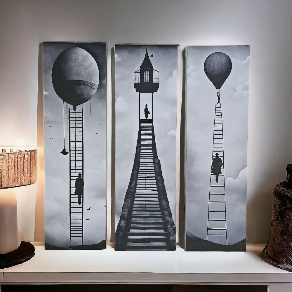 Lienzos Tríptico Arte Escaleras Monocromáticas Hacia El Éxito 60X18cm C/U img #2