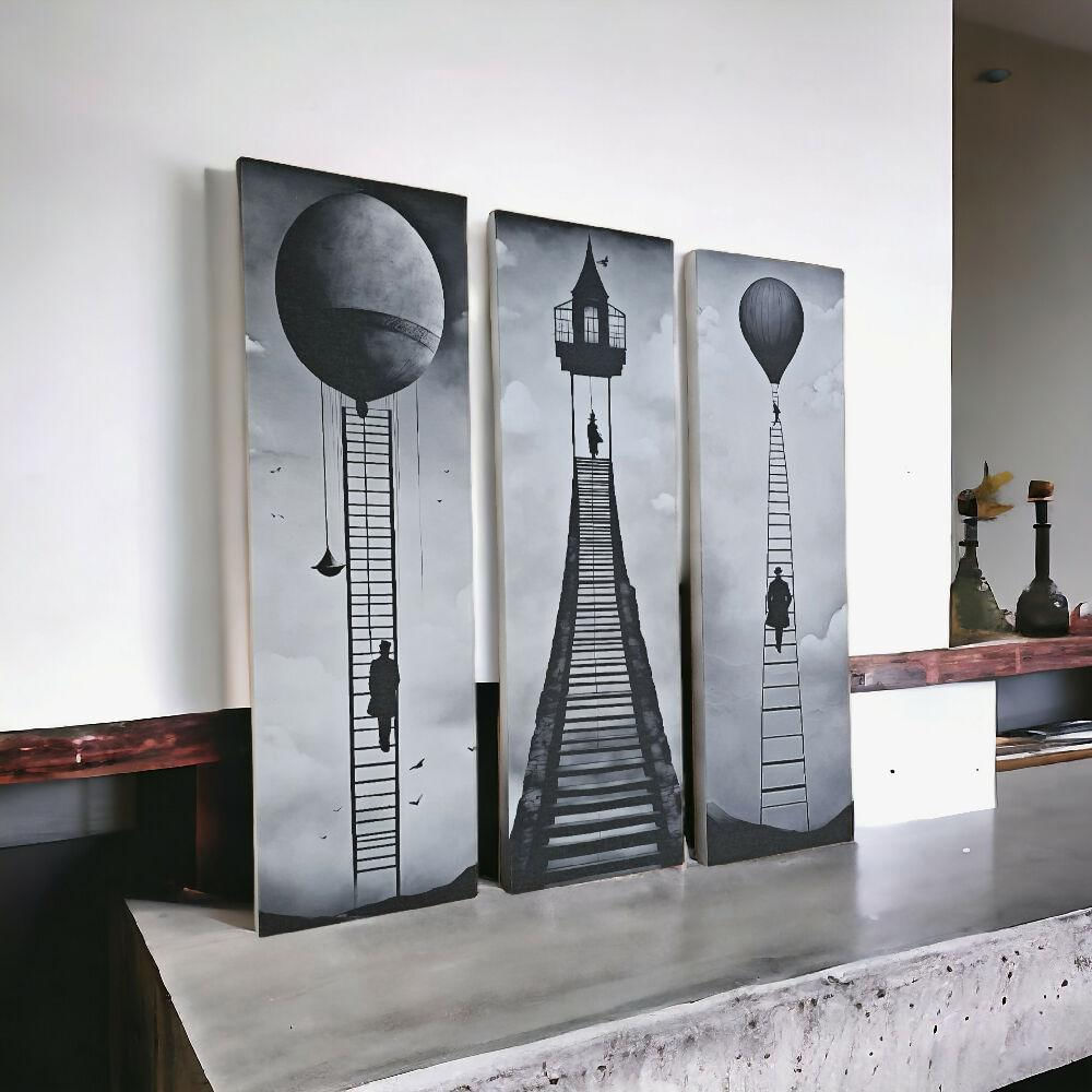 Lienzos Tríptico Arte Escaleras Monocromáticas Hacia El Éxito 60X18cm C/U img #3