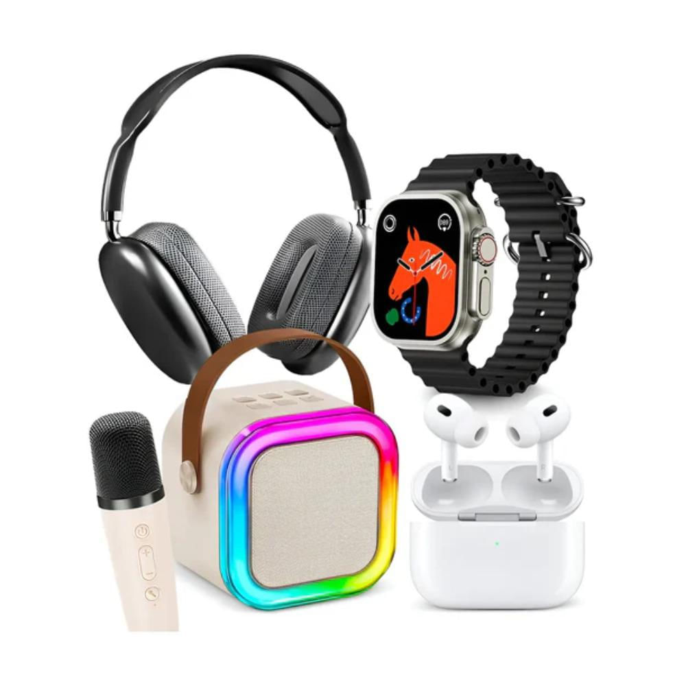 Combo Tecnología 4 En 1 Karaoke + Audífonos + Diadema + Smartwatch Combo Tecnología 4 En 1 Karaoke + Audífonos + Diadema + Smartwatch