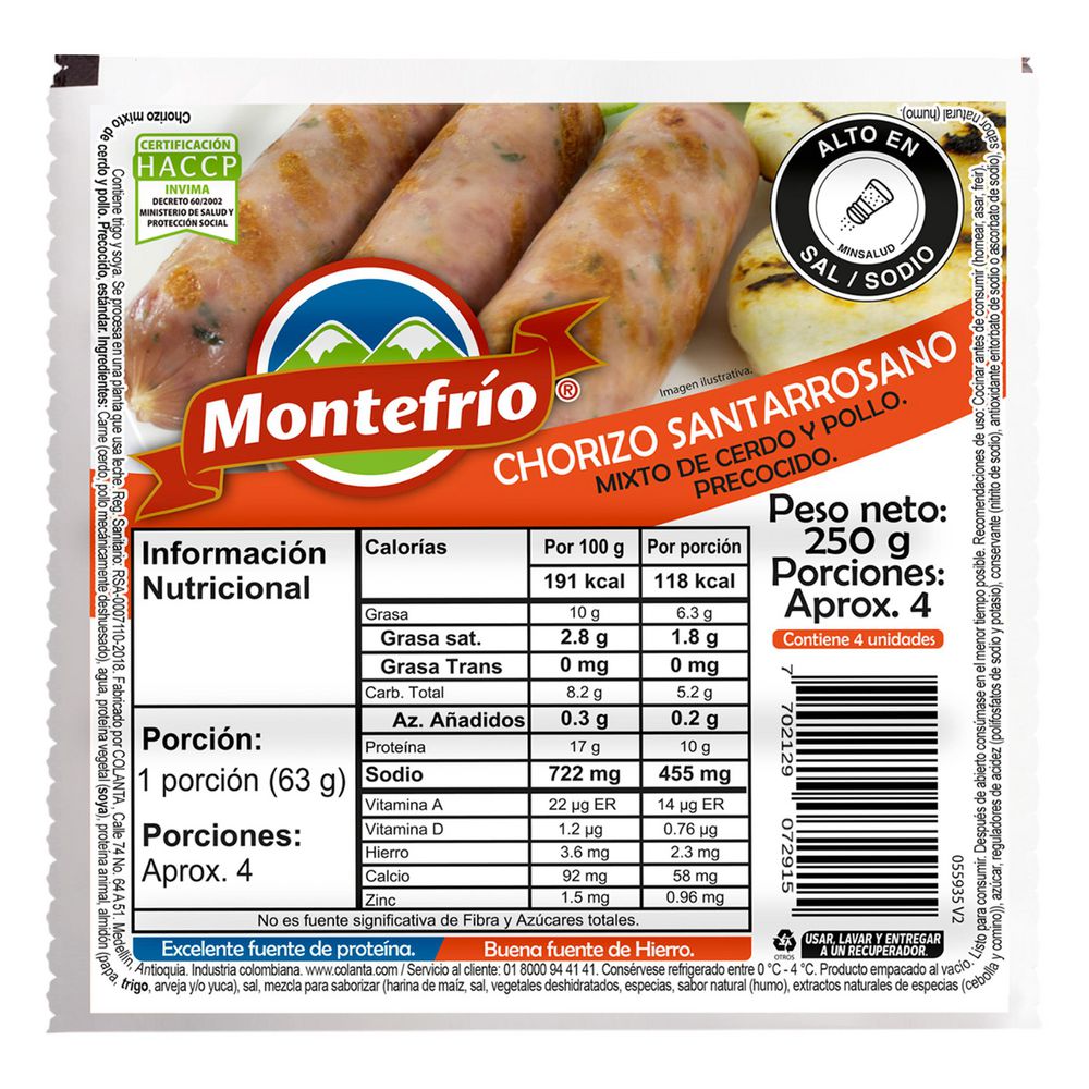 Chorizo MONTEFRIO santarrosano mixto cerdo y pollo (250  gr) img #1