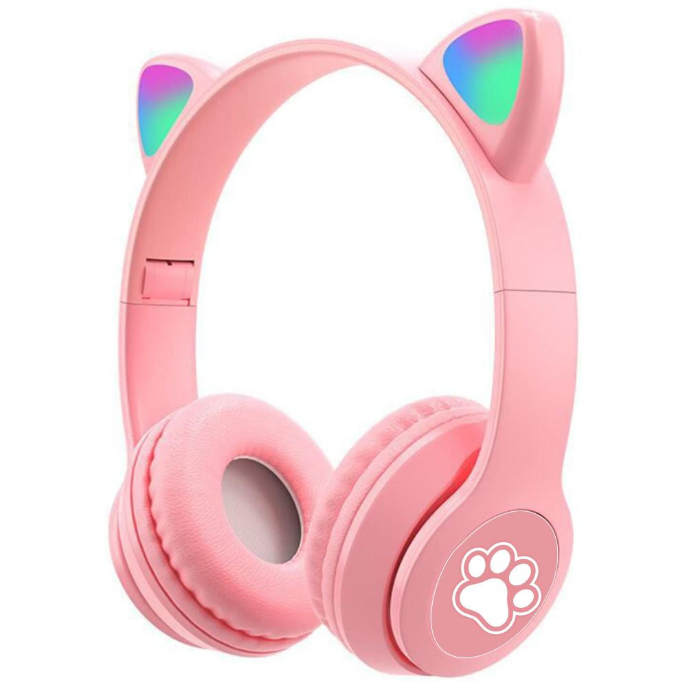 Diadema Audifonos Niña Bluetooth Orejas De Gato Luz Rgb Mz03 Rosa