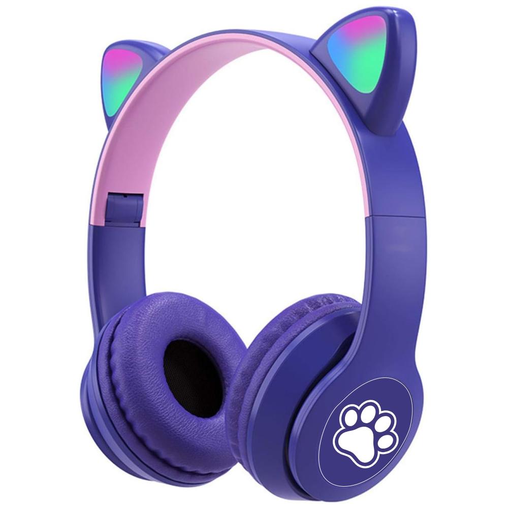 Diadema Audifonos Niña Bluetooth Orejas De Gato Luz Rgb Mz03 Morado