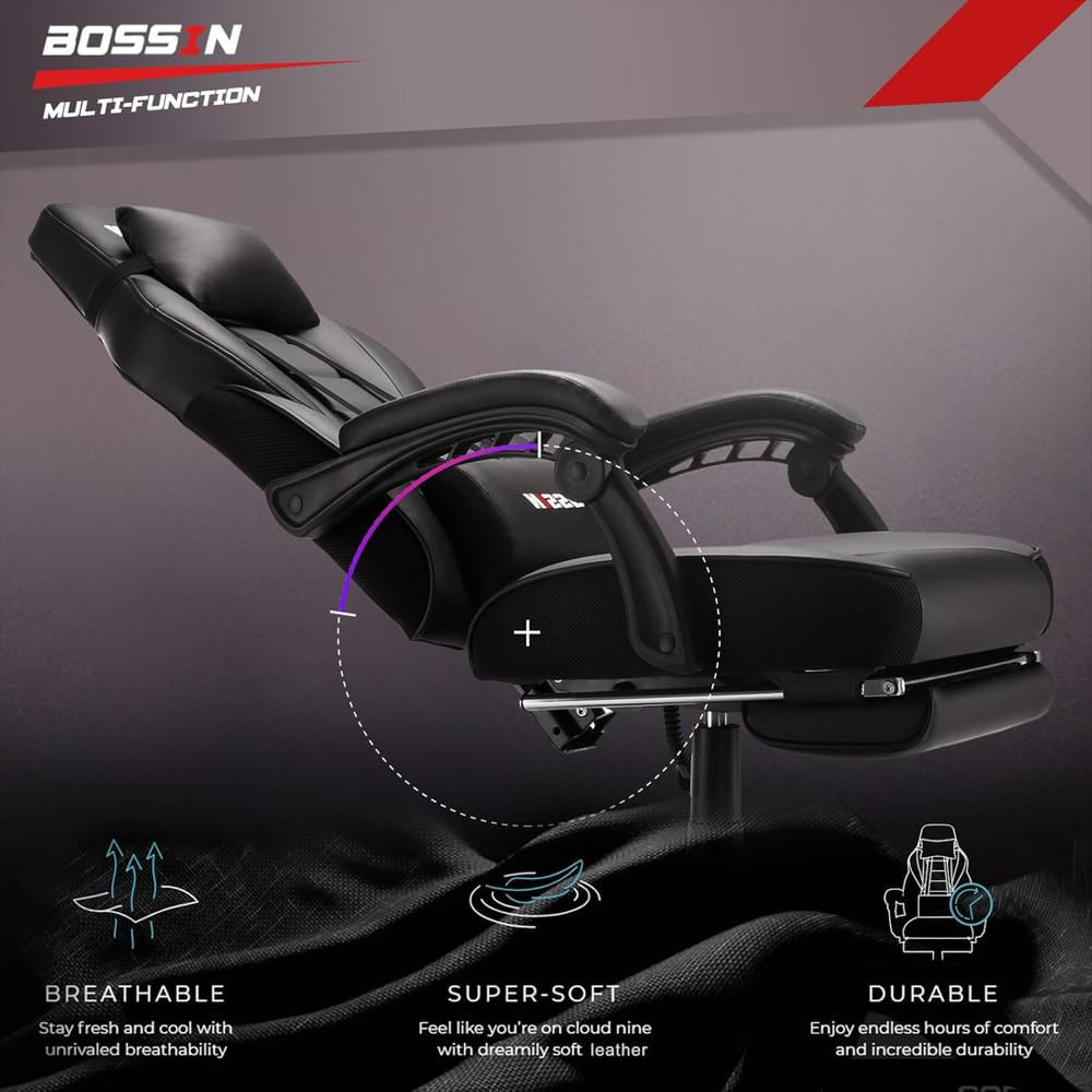 Silla Gamer Bossin Grande Y Alta Con Reposapiés, Soporte Lumbar Y Diseño Ergonómico, Piel Sintética, Resistente img #4