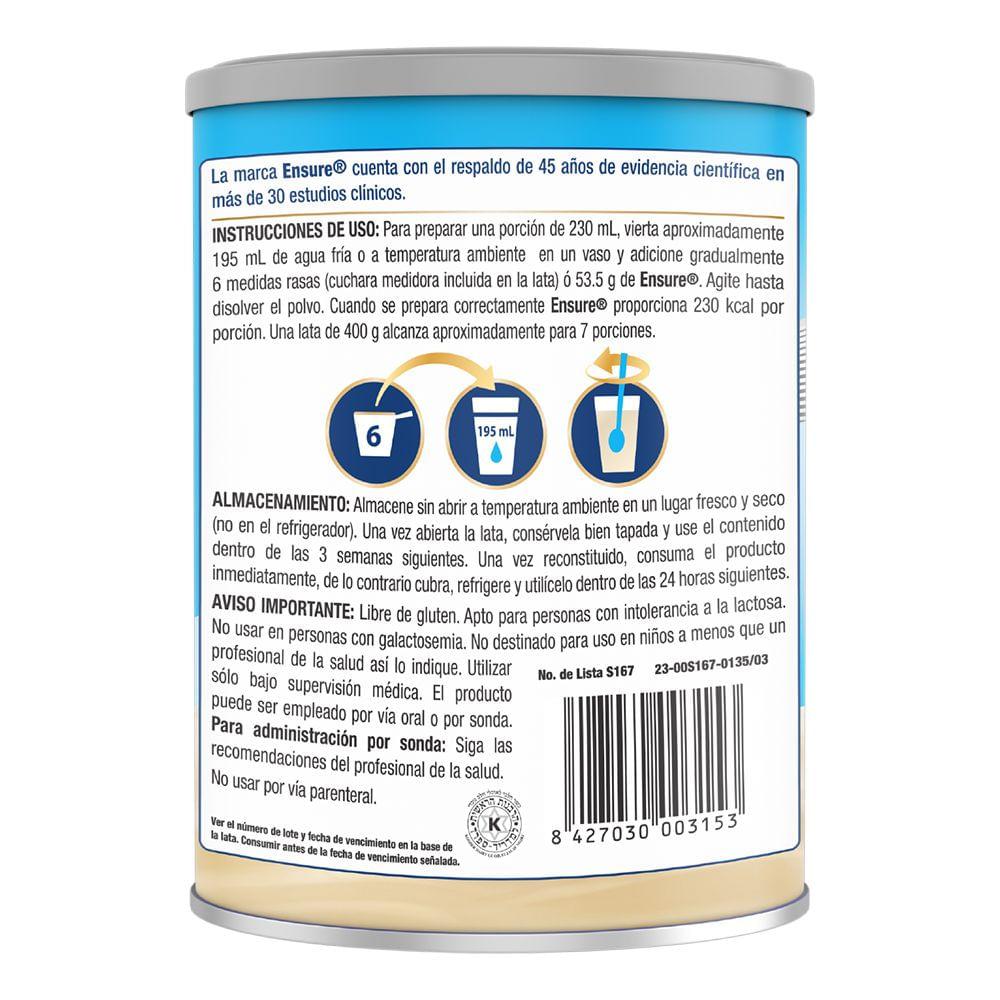 Alimento nutritivo ENSURE vainilla (400  gr) img #3