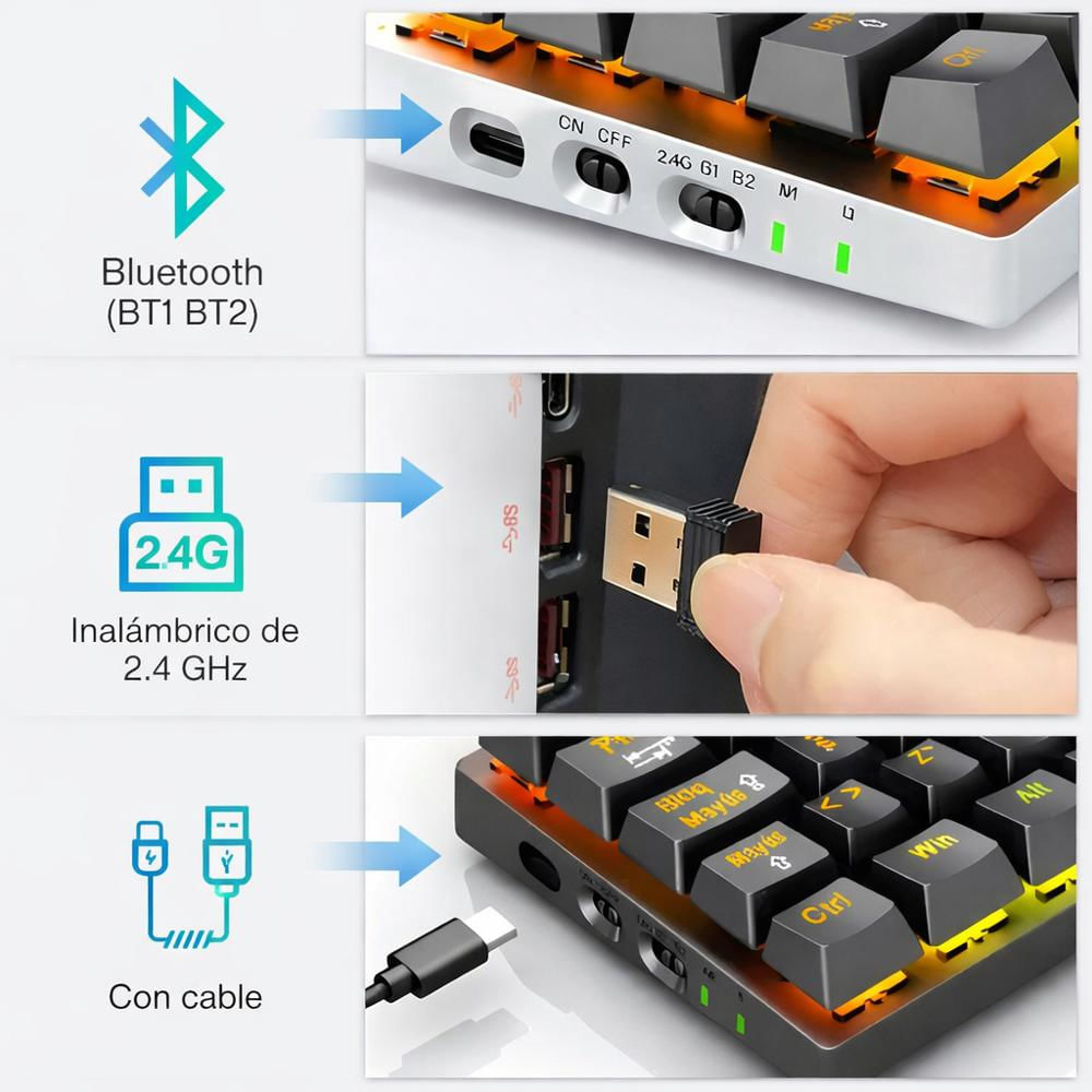 Teclado Mecánico Inalámbrico Rgb Wireless 3 En 1 Negro img #4