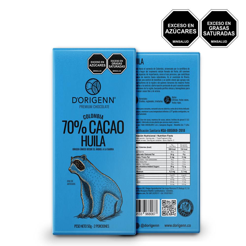 Barra de chocolate DORIGENN 70% cacao Huila (50  gr)