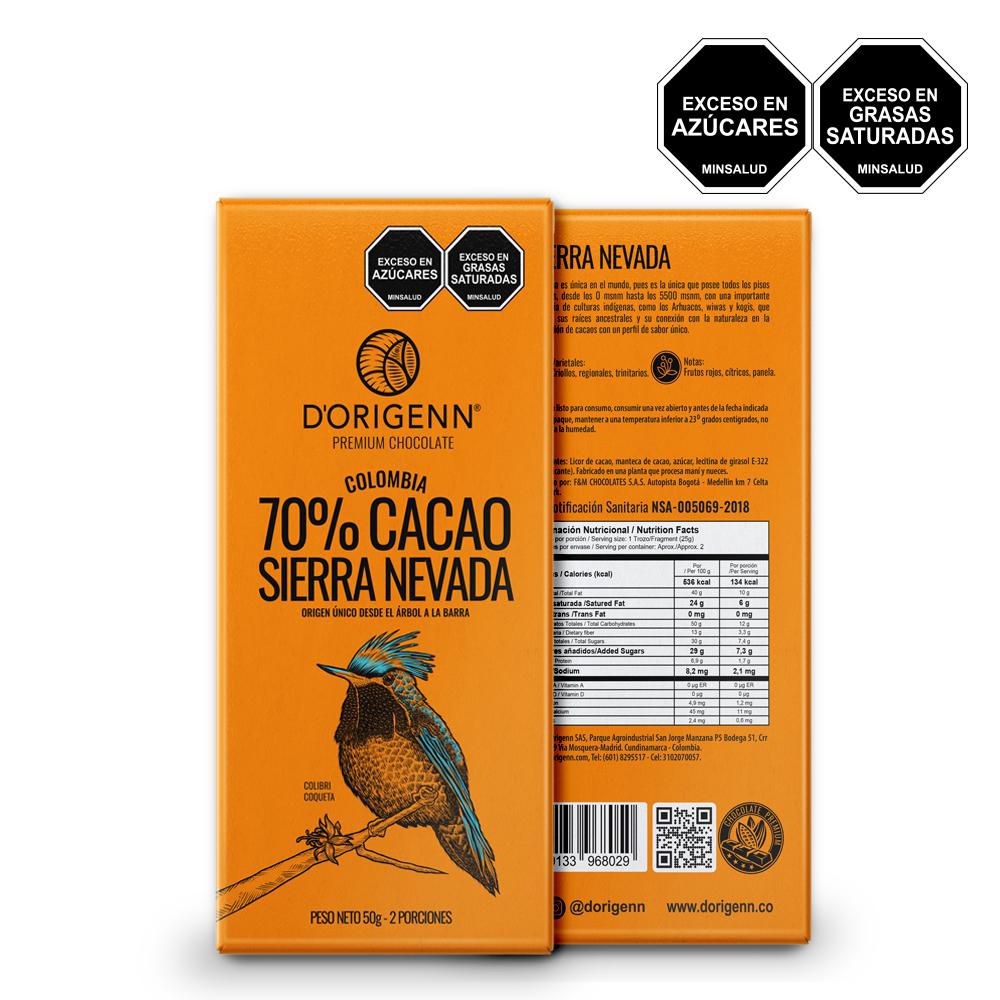 Barra de chocolate DORIGENN 70% cacao Sierra Nevada  (50  gr)