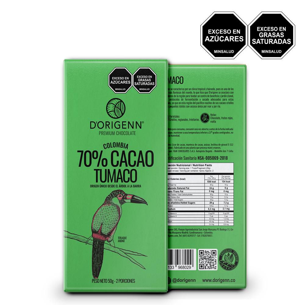 Barra de chocolate DORIGENN 70% cacao Tumaco (50  gr)