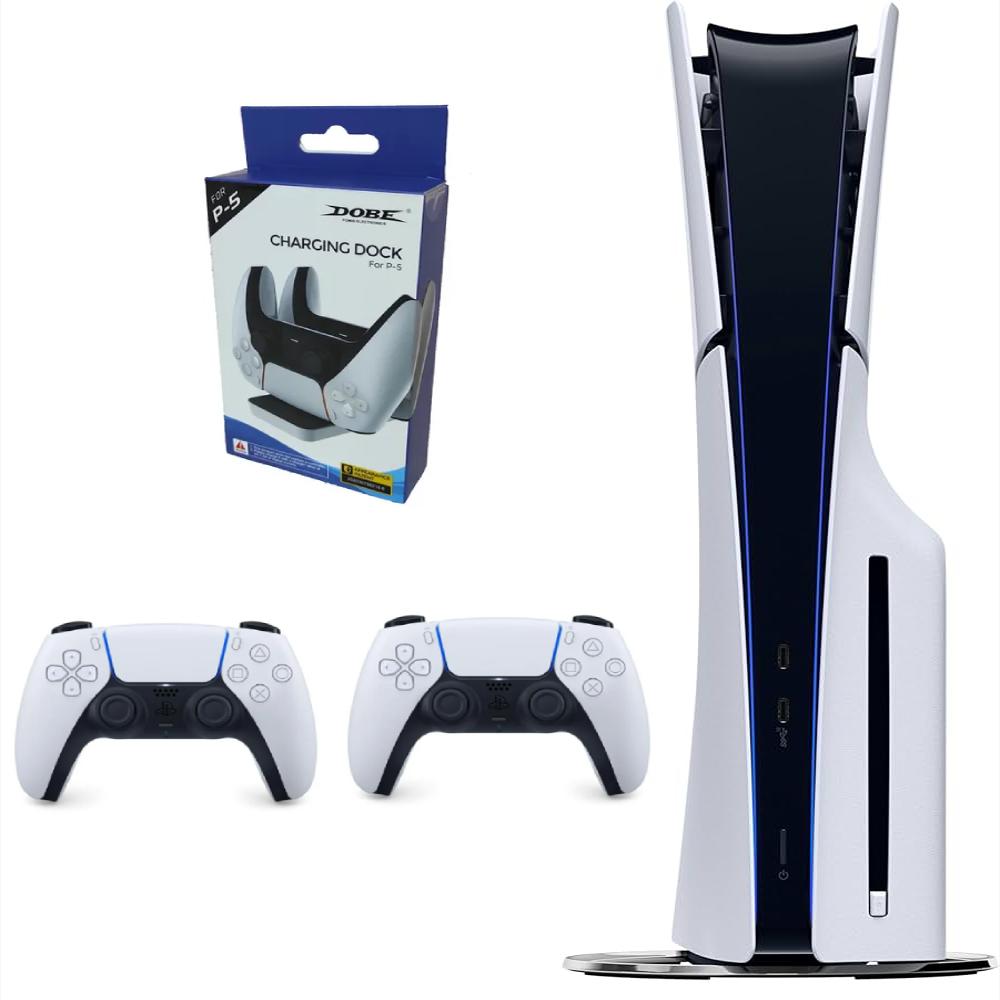 Consola Playstation 5 Slim De Disco Con Dos Controles Blancos Y Base De Carga Doble