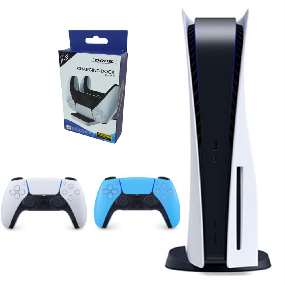 Consola Playstation 5 Fat De Disco Con Control Blanco Y Control Azul Celeste + Base De Carga