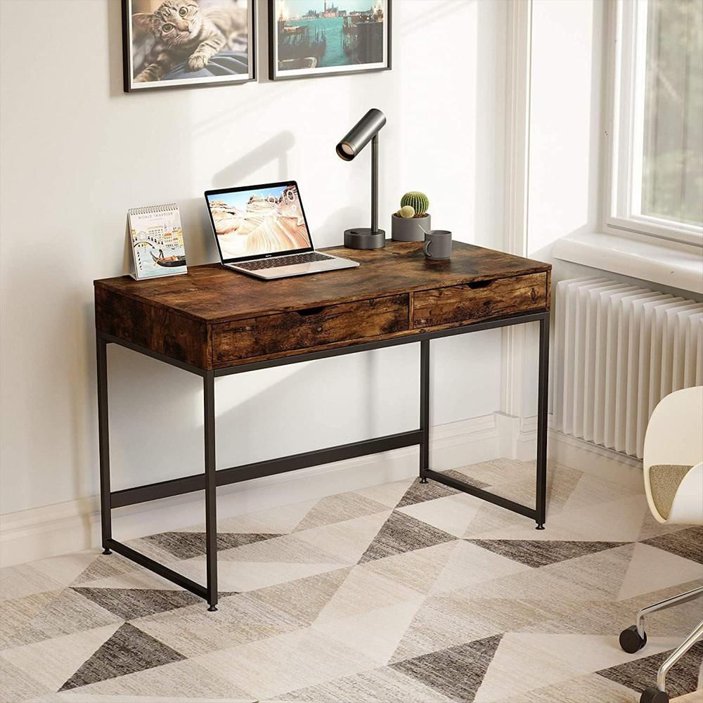 Escritorio Cz Rectangular 2 Cajones Madera Aglomerado Marrón Rústico Estilo Minimalista Amplio Espacio De Trabajo img #2