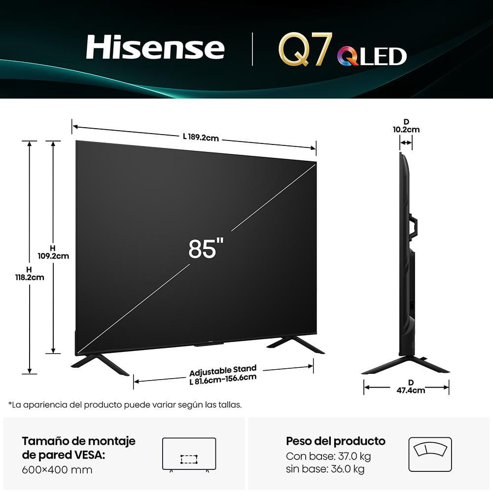 Televisor HISENSE 85 pulgadas QLED Uhd4K Smart TV 85Q7QG 144Hz, TV Gaming img #4