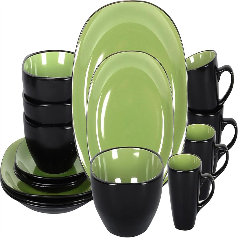Juego De Vajilla Cuadrada De Gres De 16 Piezas, Interior Verde Siniestro Y Exterior Negro Mate