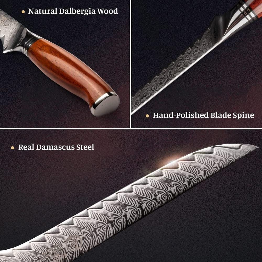 Cuchillo De Filete Damascus 73 Capas Acero Alto Carbono, Mango Sándalo Espiga img #2
