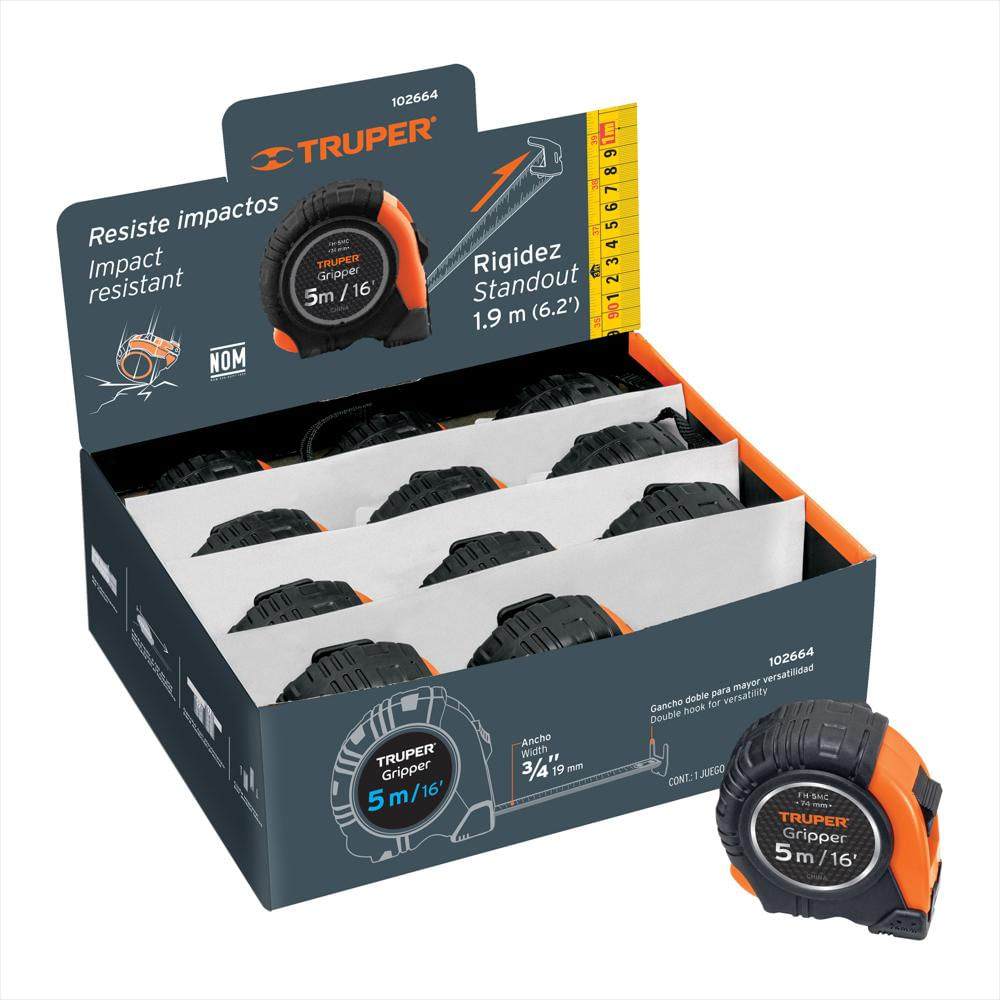 Caja 12 Flexómetros Gripper 5M X 13Mm Truper Cinta Amarilla img #3