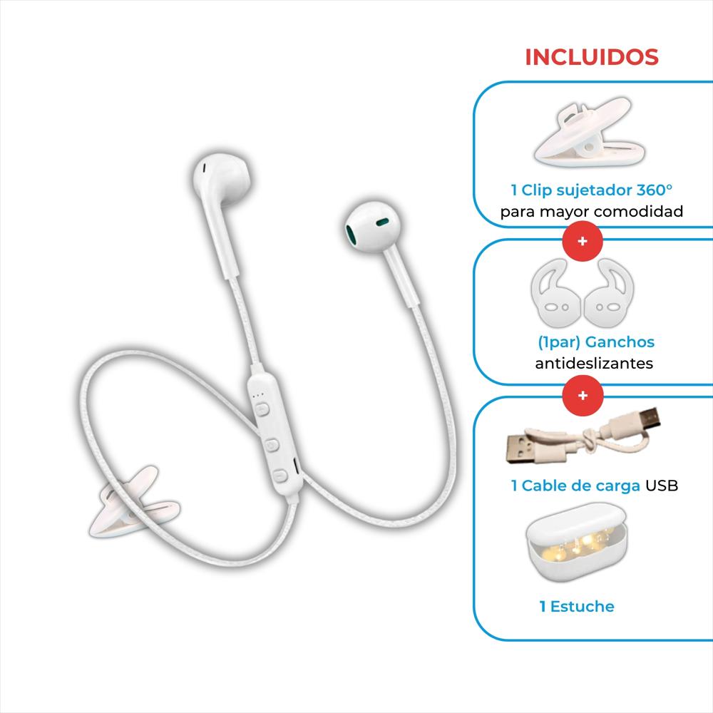 Audífonos Bluetooth Deportivos Con Micrófono | Inalámbricos + Estuche + Cable + Ganchos Color Blanco img #1