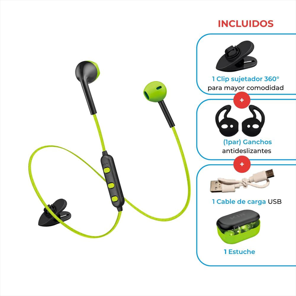 Audífonos Bluetooth Deportivos Con Micrófono | Inalámbricos + Estuche + Cable + Ganchos Color Negro Con Verde img #1
