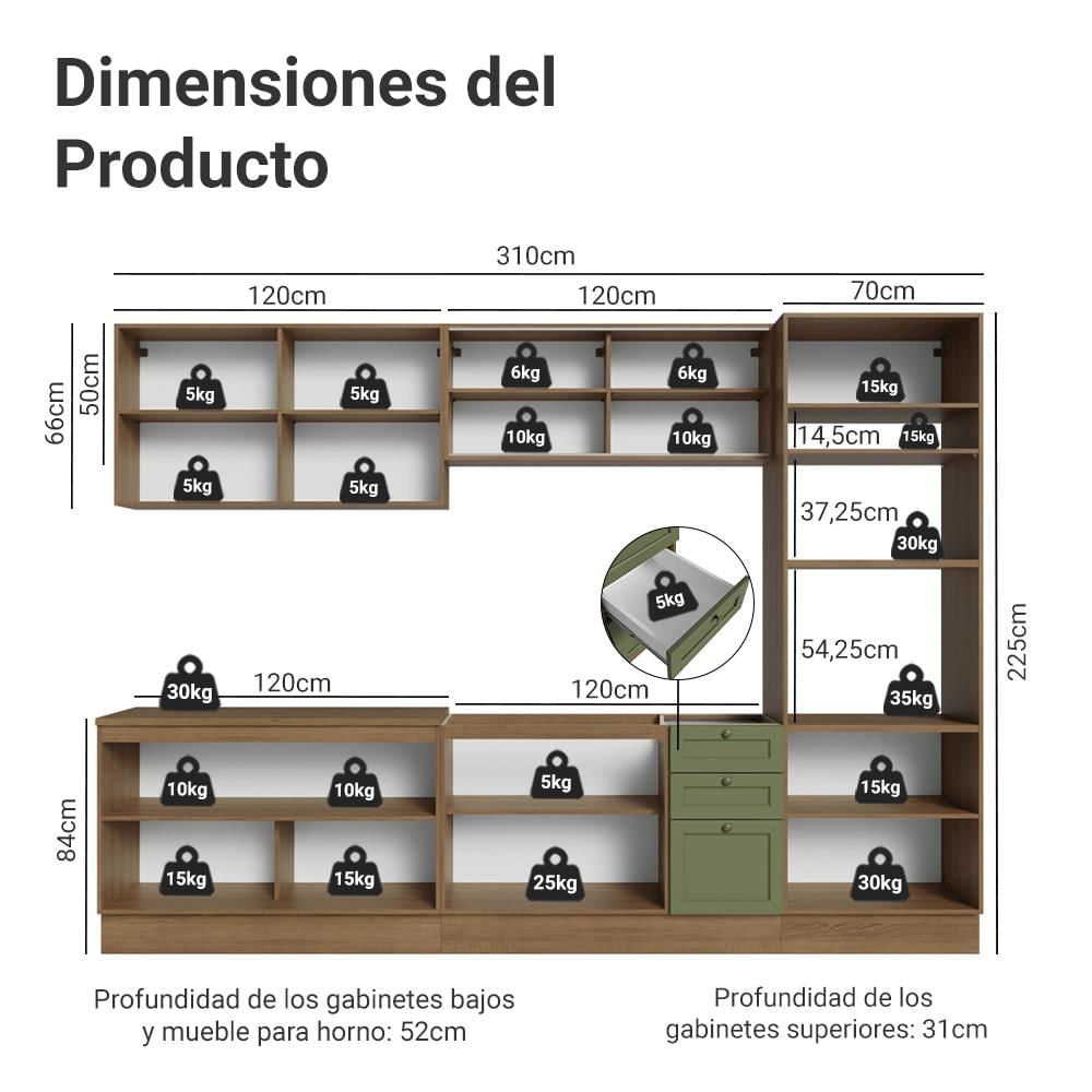 Cocina Integral Vik 3.10 Metros Marrón/Verde 01 img #2