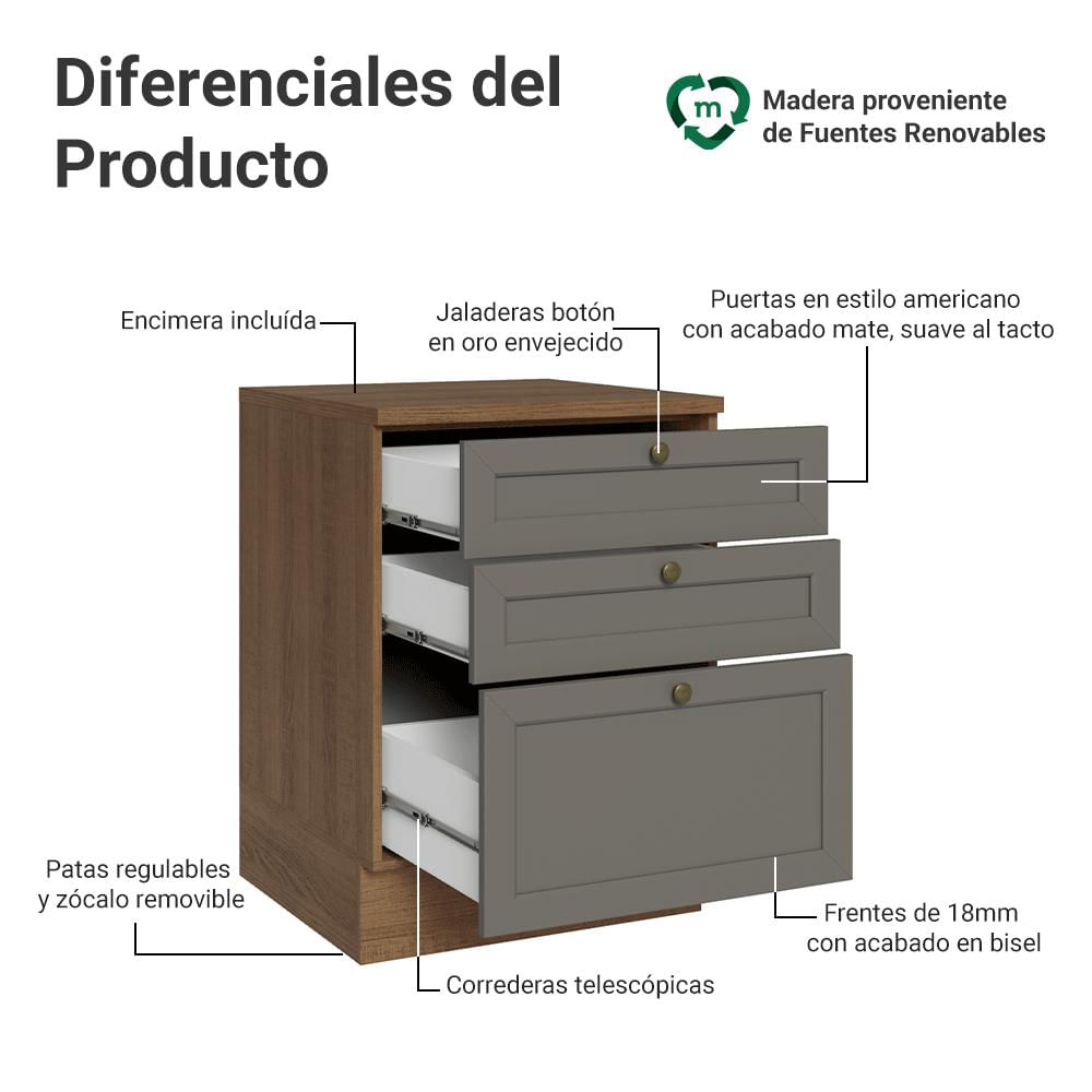 Mueble De Cocina Bajo Vik 60 Cm 3 Cajones Marrón/Gris img #2