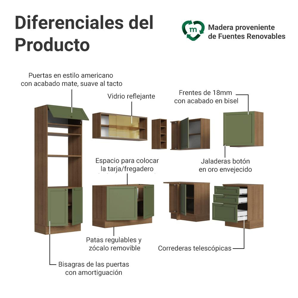Cocina Integral De Esquina Vik 4.00 M Marrón/Verde 02 img #3