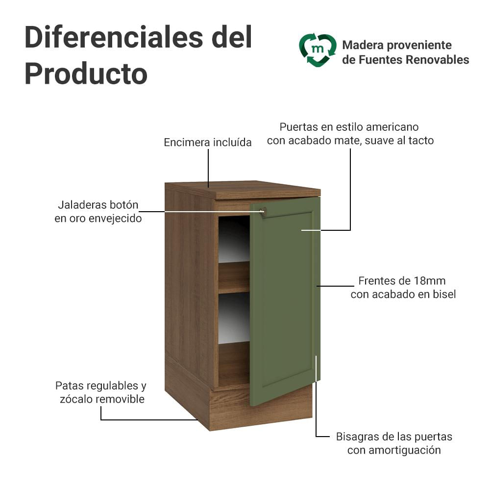 Mueble De Cocina Bajo Vik 40 Cm 1 Puerta Marrón/Verde img #2