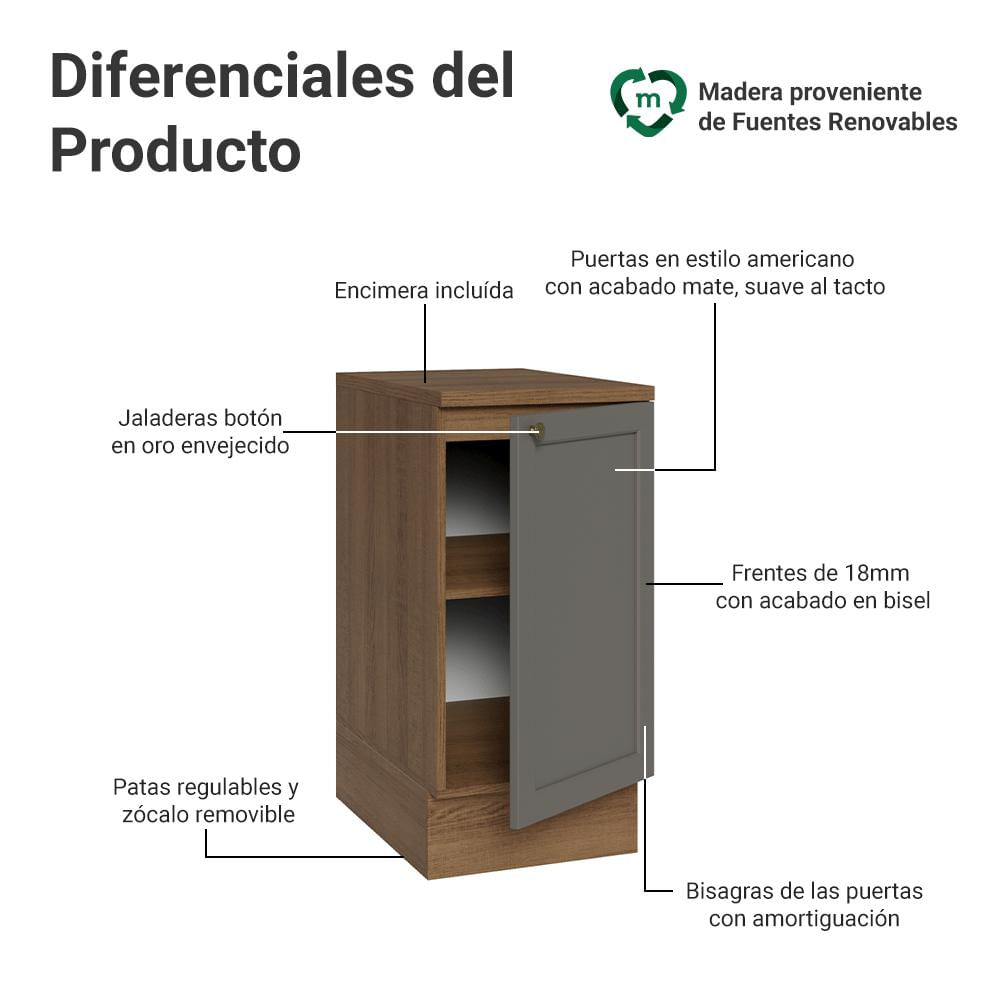 Mueble De Cocina Bajo Vik 40 Cm 1 Puerta Marrón/Gris img #2