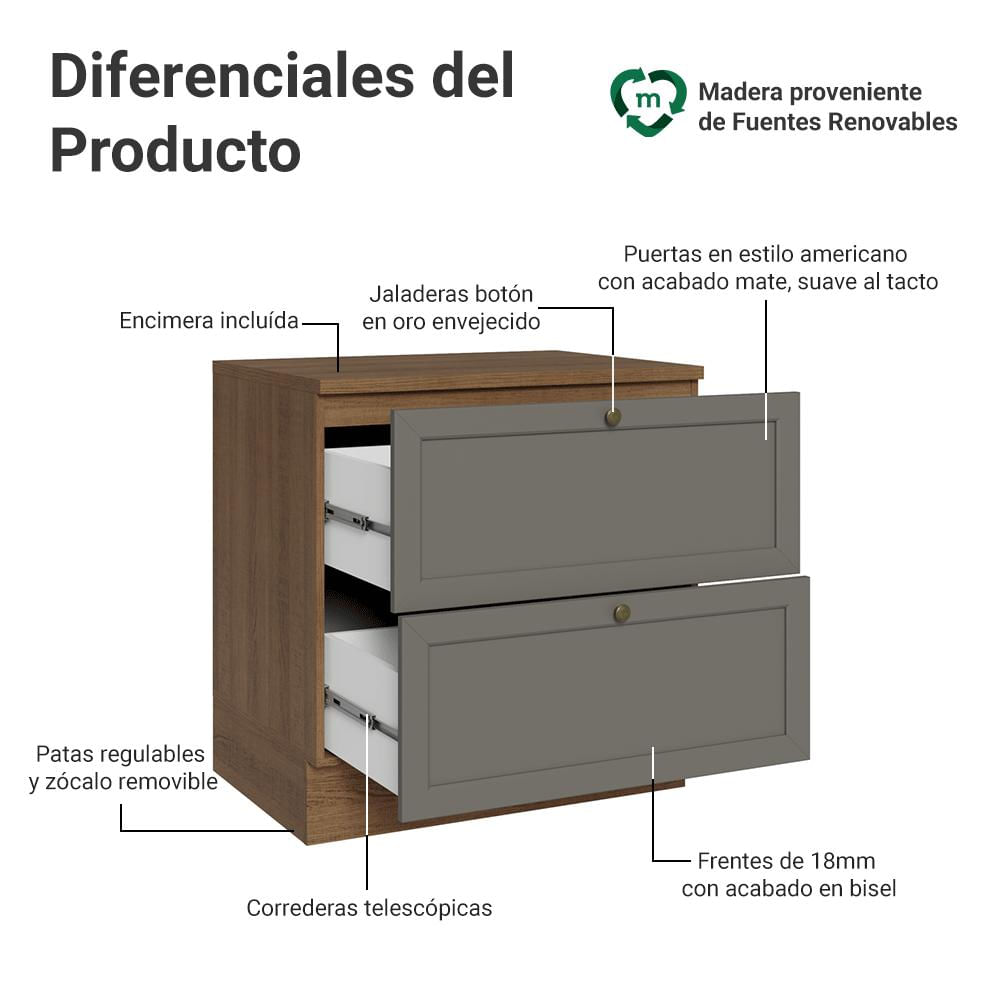 Mueble De Cocina Bajo Vik 80 Cm 2 Cajones Marrón/Gris img #2