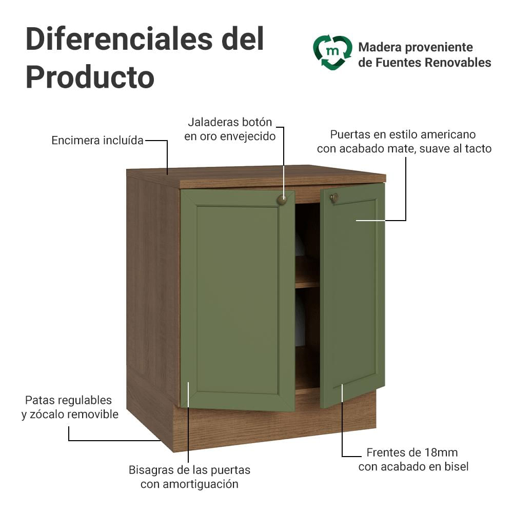 Mueble De Cocina Bajo Vik 70 Cm 2 Puertas Marrón/Verde img #2