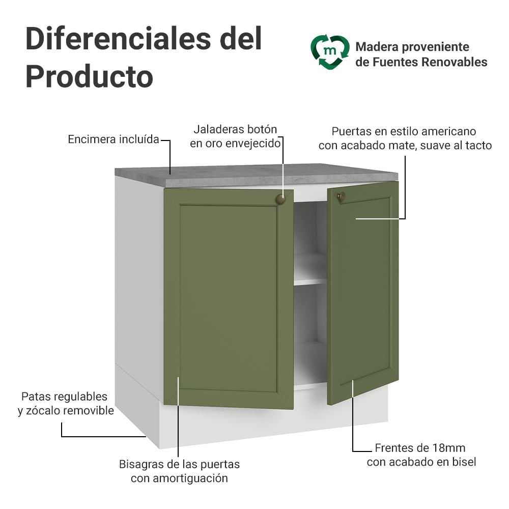 Mueble De Cocina Bajo Vik 80 Cm 2 Puertas Blanco/Verde img #2