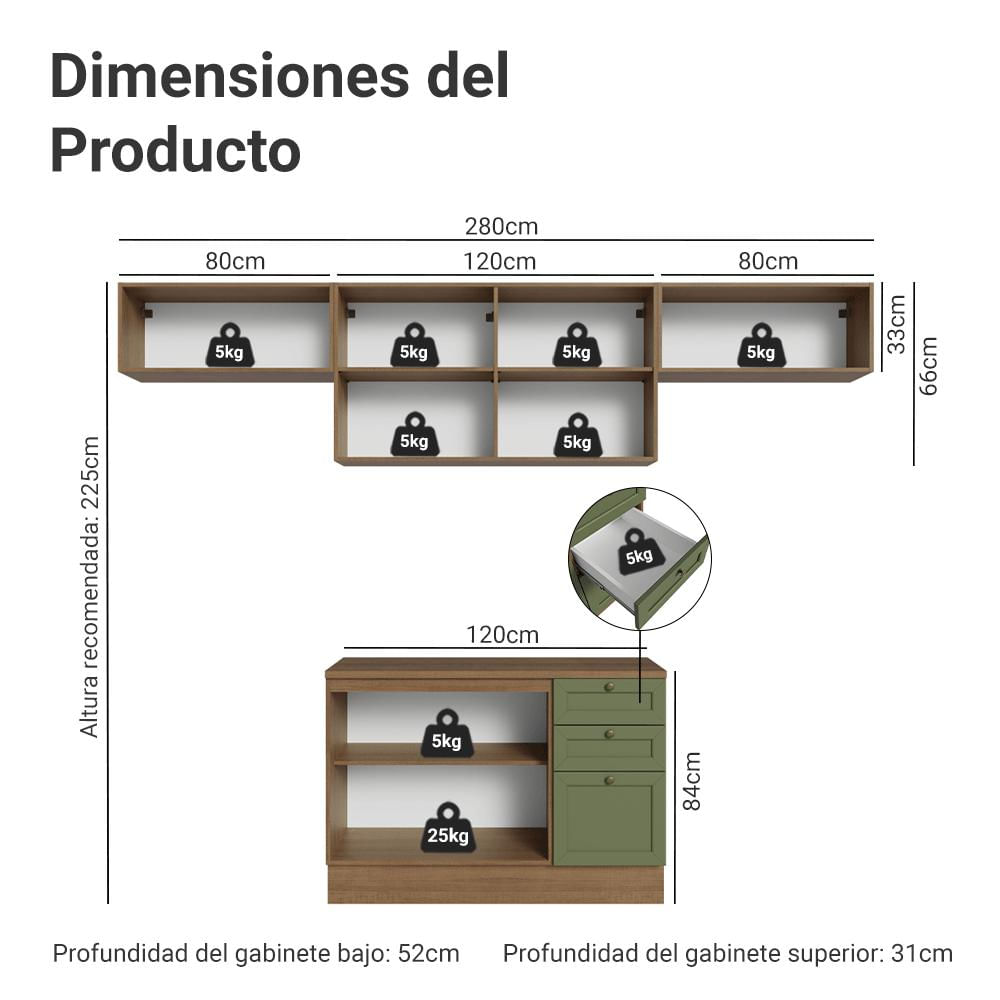 Cocina Integral Vik 2.80 M Con Encimera Marrón/Verde 01 img #2