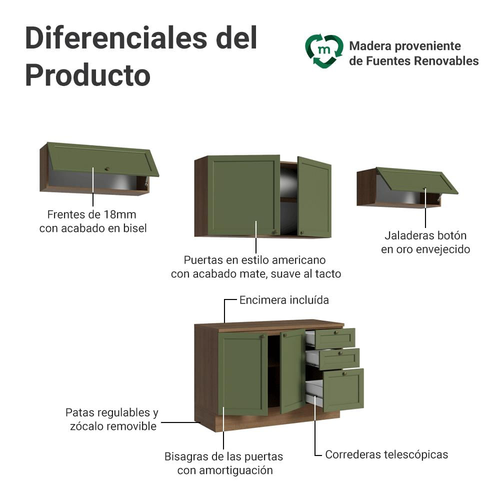 Cocina Integral Vik 2.80 M Con Encimera Marrón/Verde 01 img #3