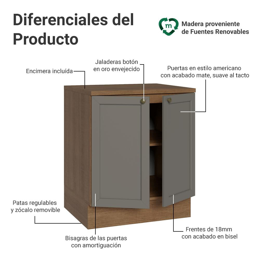 Mueble De Cocina Bajo Vik 70 Cm 2 Puertas Marrón/Gris img #2