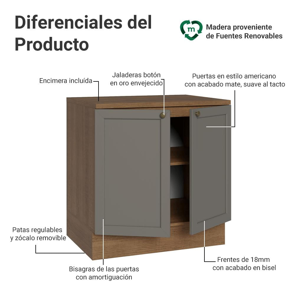 Mueble De Cocina Bajo Vik 80 Cm 2 Puertas Marrón/Gris img #2