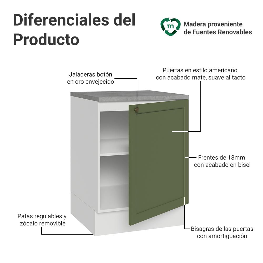 Mueble De Cocina Bajo Vik 60 Cm 1 Puerta Blanco/Verde img #2