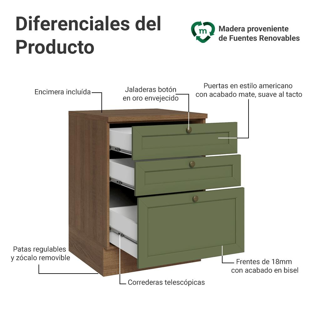 Mueble De Cocina Bajo Vik 60 Cm 3 Cajones Marrón/Verde img #2