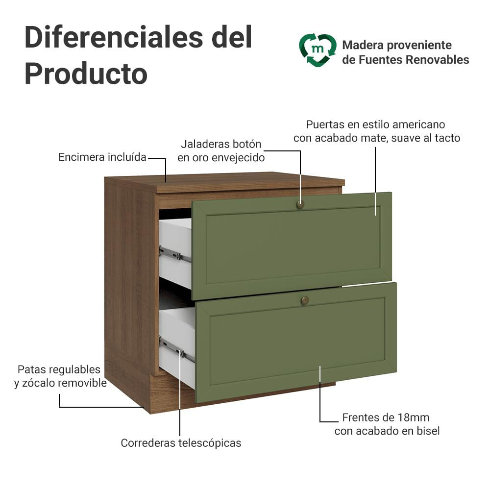 Mueble De Cocina Bajo Vik 80 Cm 2 Cajones Marrón/Verde img #2